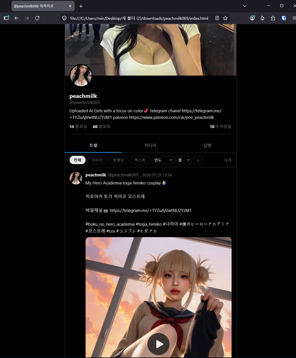 TweetHive HTML 아카이브 - 다운로드 완료 후 바로 열람 가능한 프로필 페이지