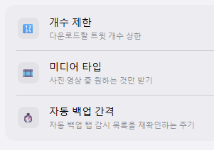 개수 제한, 미디어 타입, 자동 백업 간격 설정 화면